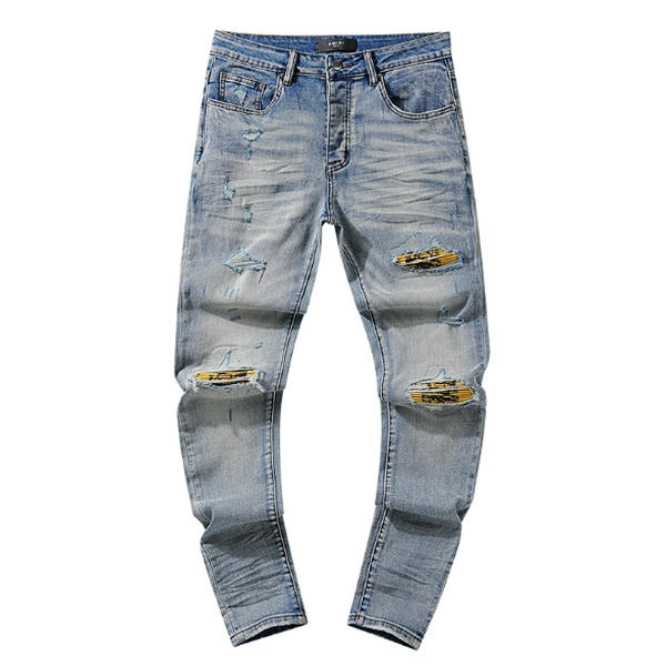 Men's 2024 Straight Slim Fit Biker Jeans - Distressed Hole Streetwear Style Luxury Robin Jeans AA35018133